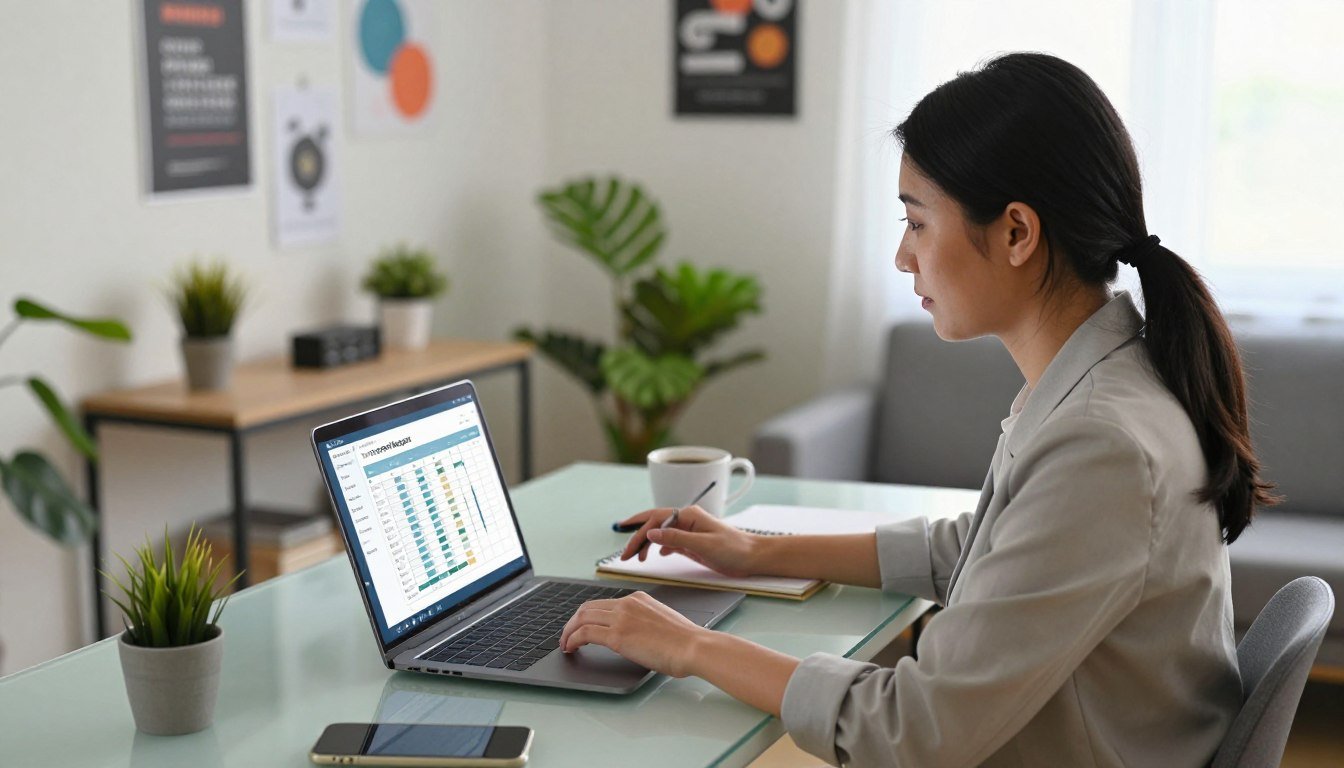 A modern home office with a project manager seated at a sleek desk, working on a laptop that displays a project timeline, with natural light illuminating the organized workspace.
