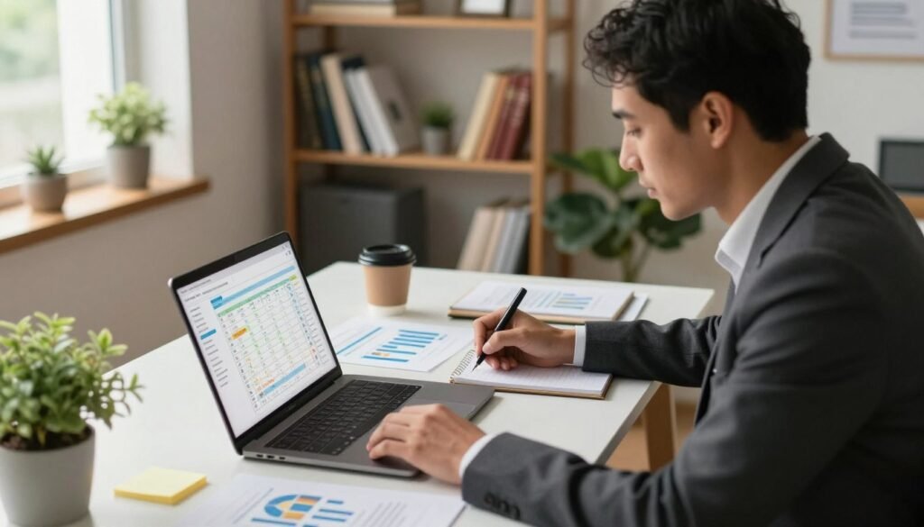 A remote project manager working at a wooden desk in a modern home office, analyzing a project timeline on a laptop with notes and planning tools nearby.