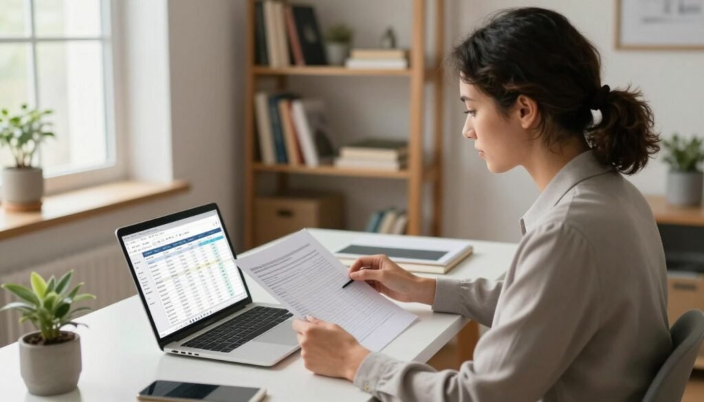A focused, diverse virtual bookkeeper working at home, seated at a modern desk with a laptop displaying an accounting software interface in the foreground. The individual, dressed in professional business attire, shows a look of concentration as they review financial spreadsheets. In the middle background, shelves lined with accounting books and personal items add a touch of personality to the home office environment. The room is well-lit with soft, natural light streaming through a nearby window, creating a warm, inviting atmosphere. The angle is slightly above eye level, capturing both the subject and the organized workspace, evoking a sense of productivity and professionalism. An accountant reviewing financial spreadsheets in accounting software on a laptop at a modern desk, with shelves of accounting books in the background.
