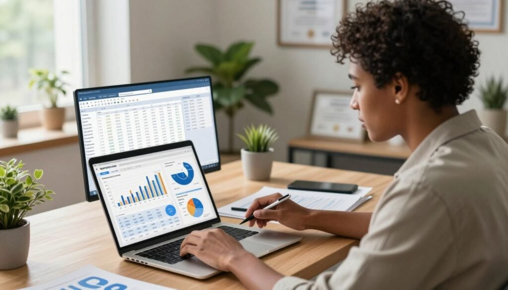 A focused financial analyst working remotely in a modern home office setup. The foreground features a diverse individual, dressed in smart casual attire, intently analyzing financial reports on a laptop. In the middle, a large spreadsheet and accounting software interface are visible on the screen, showcasing graphs and data points. The background reveals tasteful decorations like plants and framed certificates, suggesting a professional yet comfortable environment. Soft, natural light streams in through a nearby window, creating a warm and inviting atmosphere. The scene is shot from a slightly elevated angle, capturing both the individual and their workspace, emphasizing the blend of technology and professionalism in remote accounting roles. A financial analyst reviewing spreadsheets and financial reports in accounting software on a laptop at a modern home office desk, with plants and framed certificates in the background.
