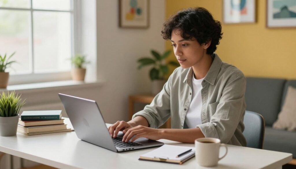 A focused freelance writer sitting at a modern desk in a cozy home office environment, typing intently on a laptop. The writer, a person of diverse ethnicity and gender, is dressed in professional, yet casual clothing, with a relaxed and thoughtful expression. Natural light filters through a nearby window, illuminating a well-organized workspace adorned with books, a notepad, and a coffee mug. In the background, a colorful wall with framed artwork adds a creative touch, while a plant brings a hint of nature indoors. The mood is calm and productive, capturing the essence of freelance writing services in the realms of blog posts, copywriting, and content marketing. The composition is shot from a slightly elevated angle to emphasize the writer's focus and the inviting atmosphere. A focused freelance writer typing on a laptop at a modern desk in a cozy home office with books, a notepad, and a coffee mug.