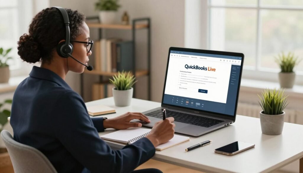 A focused home office scene featuring a diverse individual sitting at a modern desk, engaged with QuickBooks Live support on their computer screen. The person, dressed in professional business attire, is a middle-aged Black woman with glasses, intently listening through a headset while taking notes. The desk is organized with a notepad, a stylish pen, and an open laptop showcasing the QuickBooks Live interface. Soft, natural lighting pours in from a nearby window, creating a warm, inviting atmosphere. In the background, shelves filled with accounting books and houseplants add a touch of professionalism and comfort. A minimalistic decor style enhances the overall sense of productivity and focus in the workspace. Remote bookkeeper using QuickBooks Live support while taking notes during a client accounting session