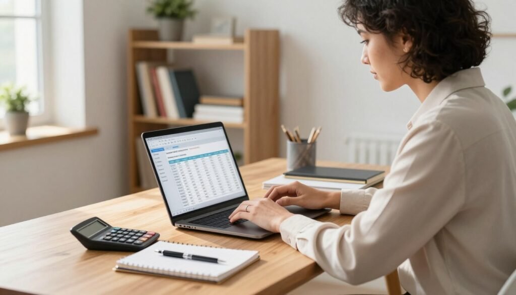 A focused home office scene featuring a single, diverse individual, seated at a modern wooden desk. The person, dressed in professional business attire, is attentively engaged with accounting software displayed on a laptop screen. In the foreground, neatly arranged office supplies like a calculator, notepads, and pens add to the workspace's organized feel. The middle ground includes a soft-focus bookshelf stocked with financial books and a potted plant for a touch of warmth. The background is a bright, inviting room with natural light streaming through a window, casting gentle shadows. The atmosphere conveys concentration and productivity, ideal for illustrating job sources in the bookkeeping field. Remote bookkeeper searching online job boards and applying for bookkeeping positions from a home office