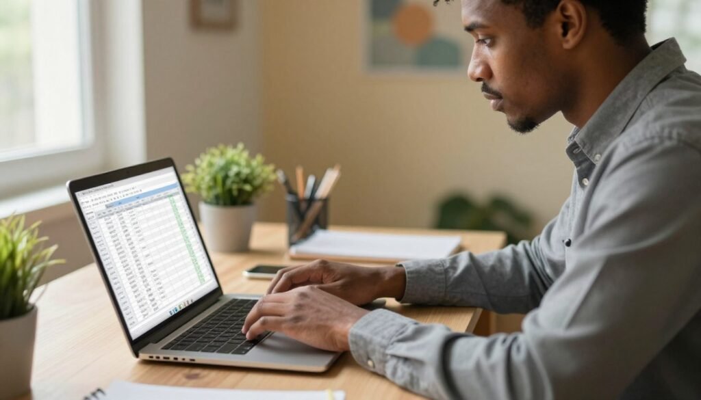 A focused individual of diverse descent is working diligently at a home desk, typing on a sleek laptop with a visible spreadsheet open on the screen, showcasing data entry tasks. The foreground features the person in professional attire, accentuating a commitment to remote work with a determined expression. In the middle, a cozy, well-lit workspace includes a potted plant and stationery, conveying a productive atmosphere. The background reveals a soft, blurred view of a warm-colored wall with subtle artwork, enhancing the home office vibe. The lighting is natural, streaming in from a nearby window, casting soft shadows that evoke a sense of focus and tranquility. The overall mood is one of concentration and professionalism, reflecting essential skills of typing speed and accuracy. Black male professional working remotely on laptop with spreadsheet open for remote data entry job at home.