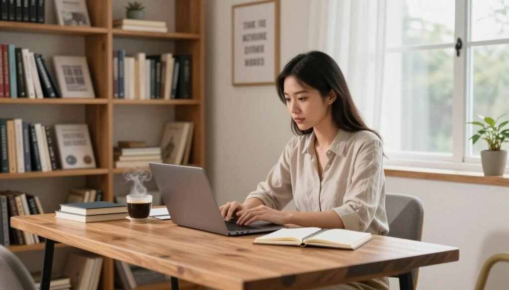 A focused individual sitting at a stylish wooden desk in a cozy home office, surrounded by bookshelves filled with various writing guides and inspirational literature. The scene captures a young woman of Asian descent, dressed in a modest, casual outfit, intently typing on a laptop, with a notebook and a steaming cup of coffee nearby. Soft, natural light filters through a large window, casting gentle shadows and creating a warm atmosphere. In the background, a tranquil wall adorned with framed motivational quotes about writing. The composition conveys a sense of productivity and creativity, emphasizing the concept of remote freelance writing jobs in a comfortable setting. A focused individual typing on a laptop at a stylish wooden desk in a cozy home office with bookshelves, soft natural light, and neatly arranged writing materials.
