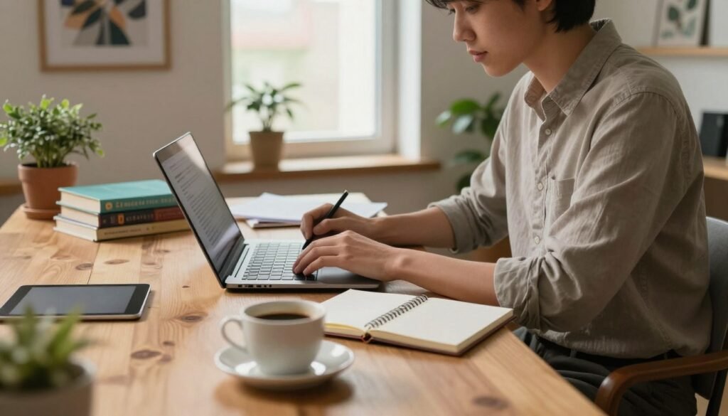 A focused individual working from a cozy home office, sitting at a stylish wooden desk, using a laptop and taking notes on a notepad. The person is dressed in modest casual clothing, reflecting professionalism. The desk is adorned with educational materials, such as books and a tablet, indicating a commitment to learning new job skills. In the foreground, there is a warm cup of coffee, adding to the productive atmosphere. The middle section showcases a window letting in soft, natural light, illuminating the space and adding a calm ambiance. In the background, there are inspiring wall art pieces and indoor plants, enhancing the cozy work environment. The overall mood is motivational, depicting a sense of focus and opportunity. Person working at a wooden desk in a cozy home office, using a laptop and writing notes beside books, a tablet, and a warm cup of coffee.