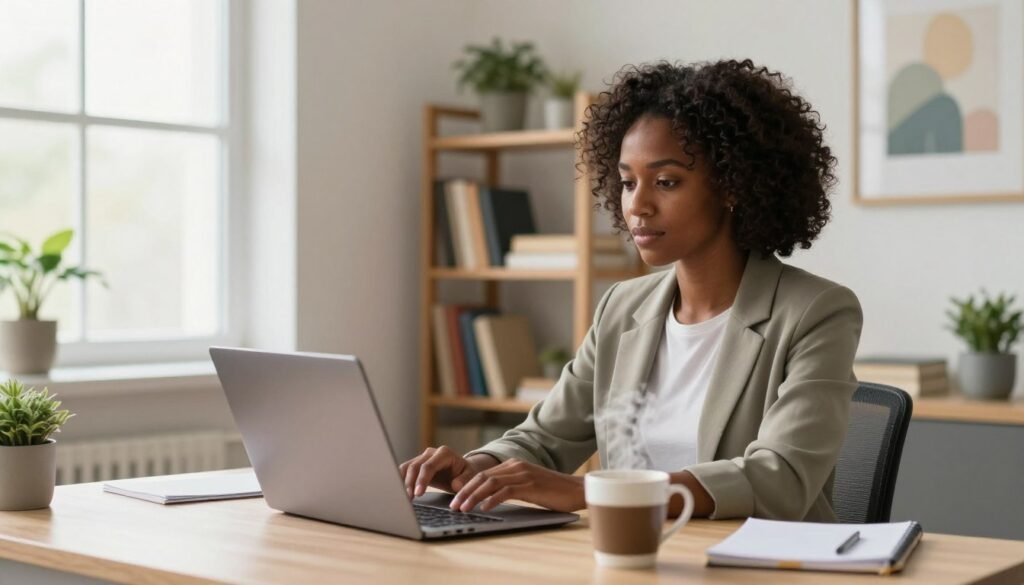 A focused individual working from home in a cozy, well-lit home office. The foreground features a desk with a laptop, a steaming coffee cup, and a few scattered notes. The person, a Black woman in professional casual attire, is seated in a comfortable chair, engaged in a video call. In the middle ground, shelves filled with books, a small plant, and an inspiring art piece decorate the room, enhancing a productive atmosphere. The background showcases a bright window with soft natural light streaming in, casting gentle shadows. The overall mood is one of concentration and optimism, reflecting the essence of remote work and digital collaboration in a stylish, inviting environment. A cozy, well‑lit home office with a person in professional casual attire on a video call at a desk with a laptop, coffee cup, and notes, illuminated by soft natural light.