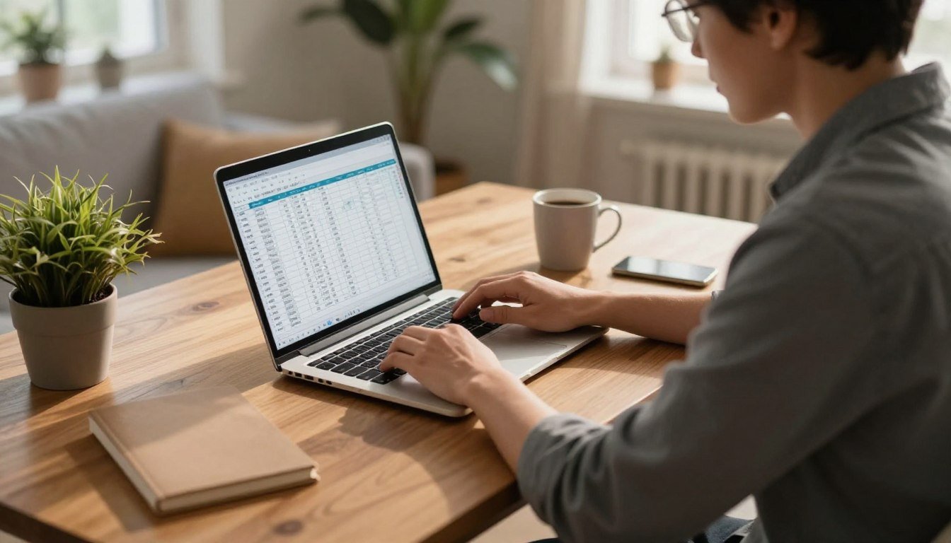 Professional working remotely on laptop with spreadsheet for remote data entry job in a home office setting.