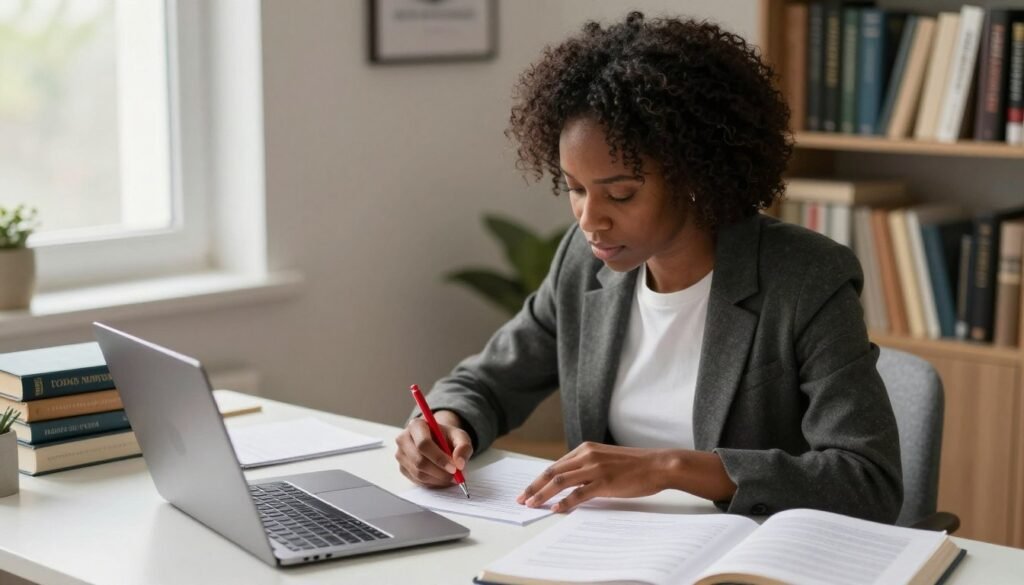 A focused proofreading editor sits at a modern home workspace, surrounded by books and a laptop. The individual, a Black woman in smart casual attire, is intently reviewing a document on the screen while marking corrections with a red pen on a printed page. Soft, natural light filters through a nearby window, casting gentle shadows that create a warm, inviting ambiance. In the background, a bookshelf filled with various writing guides and reference materials adds a scholarly touch to the scene. The camera angle is slightly above eye level, capturing the concentration on her face and the organized desk, showcasing the essence of remote editing and proofreading in a professional yet relaxed home environment. A focused proofreading editor working at a modern home workspace, reviewing a document on a laptop and marking corrections on a printed page.