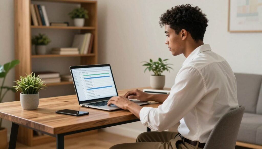 A remote project manager working at a modern home desk, reviewing a project timeline and updating task dependencies on a laptop.