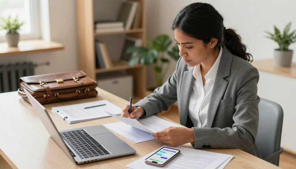 A professional reviewing job verification documents on a laptop at a modern home office desk, with papers and a smartphone nearby.