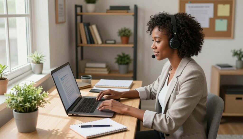 A focused virtual assistant working alone in a cozy home office, featuring a stylish desk with a laptop, notepads, and a plant. The individual, a Black woman in professional attire, is engaging with a digital task on her computer. Natural daylight streams through a nearby window, casting soft shadows and creating a warm ambiance. In the background, shelves filled with books and office supplies enhance the workspace atmosphere, while a corkboard with task notes and reminders adds organization. The camera angle is a slight overhead view, emphasizing the clutter-free desk and the professional yet relaxed mood. The overall tone is productive, highlighting the diverse roles and services of virtual assistants. A focused virtual assistant working at a stylish desk in a cozy home office, typing on a laptop with notepads, a plant, and organized supplies nearby.