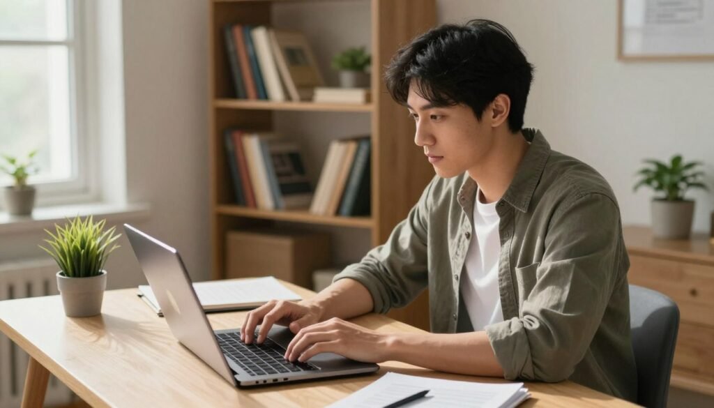 A focused young adult sits at a neatly organized desk in a cozy home environment, surrounded by warm, natural light streaming in from a nearby window. The individual, dressed in casual business attire, engages with a laptop, immersed in an online training program. A bookshelf filled with resources related to professional development is visible in the background, alongside a plant that adds a touch of liveliness. The atmosphere is relaxed yet productive, conveying a sense of motivation and readiness for a new career. The camera angle is slightly above eye level, capturing a clear view of the person’s expression of concentration, emphasizing the journey of gaining skills in preparation for a future job. A young adult in casual business attire working at a neatly organized home desk, focused on a laptop during an online training session with natural light and a bookshelf in the background.
