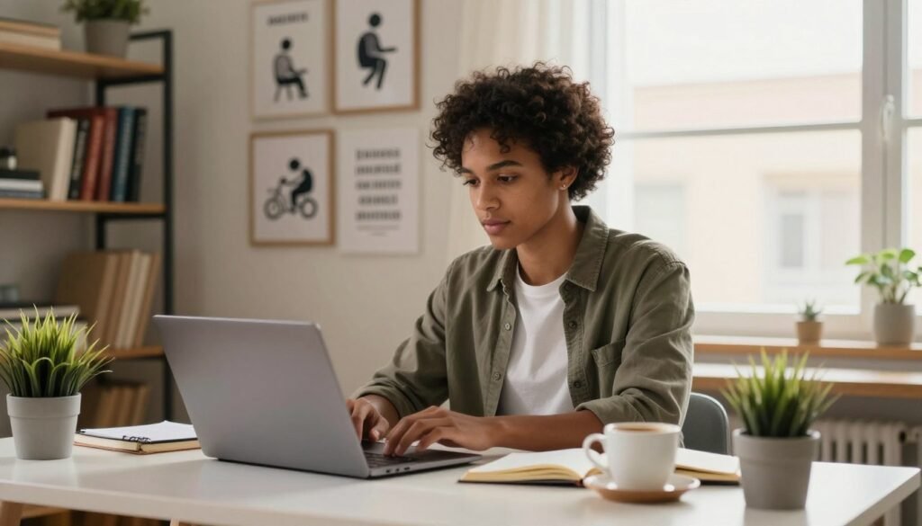 A freelancer immersed in work at a cozy home office, showcasing a diverse individual with a calm concentration. The foreground features a modern desk cluttered with a laptop, notebooks, coffee cup, and a plant, reflecting a creative workspace. The middle ground displays wall art of freelancing icons and inspirational quotes, while a window lets in warm, natural light, enhancing the inviting atmosphere. In the background, a bookshelf filled with professional development books represents career growth. The scene captures a productive and motivated vibe, emphasizing a balance between comfort and professionalism, shot with a soft focus lens to create a serene mood and a depth of field that highlights the workspace. A cozy home office with a person working at a modern desk cluttered with a laptop, notebooks, a coffee cup, and a plant, illuminated by warm natural light from a nearby window.