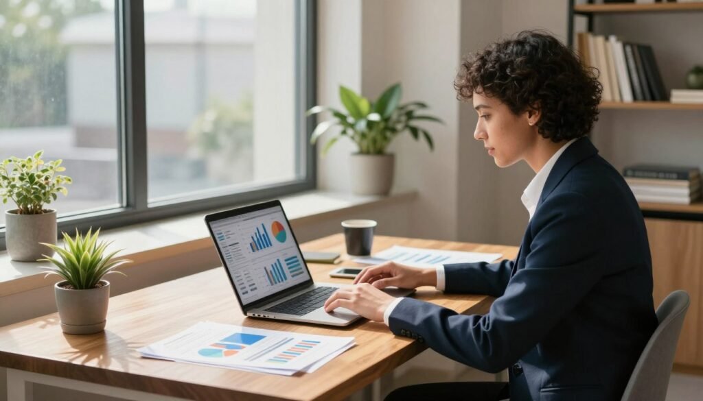A modern and upscale home office setting, featuring a solo worker engrossed in marketing tasks. The individual, a diverse male or female professional dressed in smart casual attire, sits at a stylish wooden desk adorned with marketing materials like charts and reports. In the foreground, a laptop displays vibrant graphs and digital marketing analytics. The middle section showcases a large window allowing natural light to stream in, casting soft shadows across the room. Potted plants add a hint of greenery, while a bookshelf in the background holds industry-related books. The overall mood is productive and dynamic, symbolizing innovation and strategy in the marketing field. Capture this scene with a bright, inviting atmosphere, using a subtle depth of field to enhance focus on the worker.
