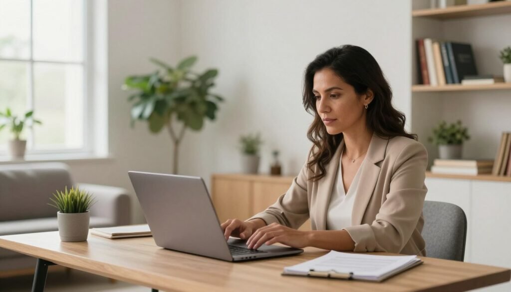 A modern home office scene featuring a single professional working remotely. The foreground shows a diverse individual, a middle-aged Hispanic woman in smart casual clothing, sitting at a stylish desk with a laptop open, focused on her work. In the middle ground, a cozy atmosphere is created with houseplants, a bookshelf filled with books, and a soft armchair nearby. The background displays a large window letting in natural light, illuminating the space and creating a warm, inviting mood. The color palette consists of soft earth tones to enhance the sense of comfort and professionalism. The image captures the essence of remote work and the flexibility offered by companies that hire directly. A modern home office with a person in smart‑casual clothing working on a laptop at a stylish desk, surrounded by warm natural light, houseplants, and a bookshelf.