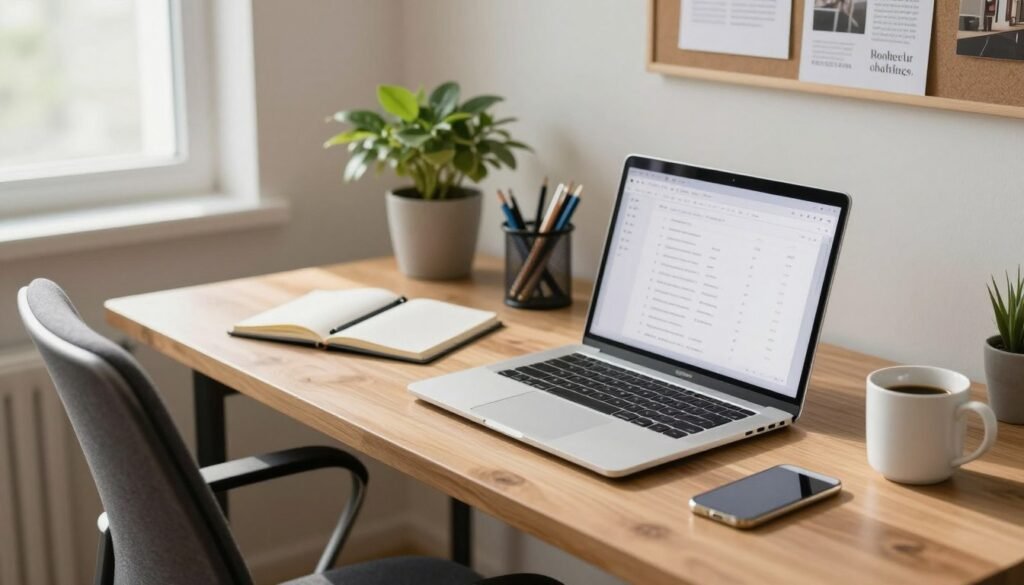 A modern home office scene featuring a sleek, open laptop on a wooden desk, illuminated by soft, natural light filtering through a nearby window. In the foreground, the laptop screen displays a productivity app, and a comfortable ergonomic chair is positioned beside the desk. In the middle ground, a potted plant adds a touch of greenery, while a neatly organized assortment of office supplies—pens, notebooks, and a stylish coffee mug—enhances the workspace's functionality. The background hints at a calming, minimalist decor with light-colored walls and a bulletin board filled with inspirational quotes and images. The overall mood is one of professionalism and creativity, suitable for remote work. The angle captures the setup slightly from above, ensuring clarity of the equipment without any distractions or overlays. A modern home office with an open laptop on a wooden desk, an ergonomic chair, a potted plant, organized office supplies, and soft natural light coming through a nearby window.
