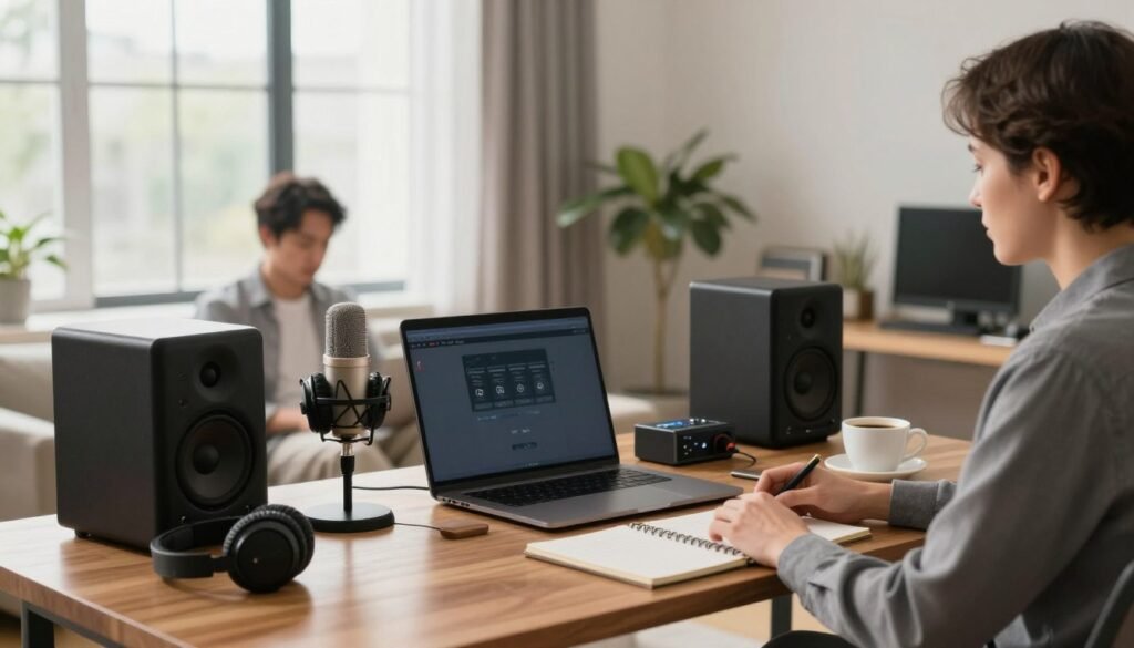 A modern home office setup showcasing a serene workspace dedicated to audio-focused tasks. In the foreground, a stylish wooden desk with a premium microphone, high-quality headphones, and compact speakers, all neatly arranged. The middle layer features a sleek laptop with a digital audio interface, alongside a notepad and a cup of coffee, creating a productive atmosphere. The background shows a well-lit room with soft, natural light streaming in through a large window, framed by light curtains. A subtle indoor plant adds a touch of greenery. The overall mood is focused and inspiring, perfect for remote work, emphasizing the importance of sound for calls and concentration. Use a wide-angle lens to capture the entire scene, ensuring clarity and depth. A modern home office with a wooden desk holding a microphone, headphones, compact speakers, and a laptop, with natural light from a large window and a small indoor plant in the background.