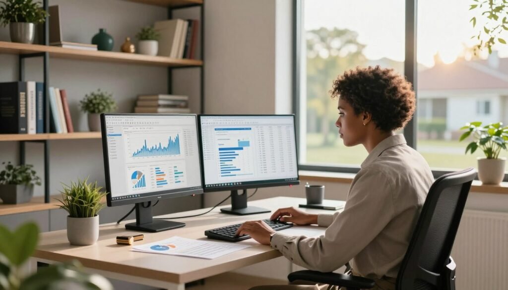 A modern upscale home office bathed in natural light, featuring a sleek desk with dual monitors displaying financial graphs and accounting software. In the foreground, a diverse professional wearing business attire, deep in concentration while working on financial reports; they are seated in a stylish ergonomic chair. In the middle ground, an organized bookshelf filled with finance-related books and decorative plants adds life to the space. The background presents a large window showcasing a serene suburban view, with soft sunlight filtering through, creating a warm and productive atmosphere. The scene captures the essence of remote work in finance and accounting, highlighting professionalism and focus. The overall mood is inspiring and calm, ideal for conveying high-income career potential.