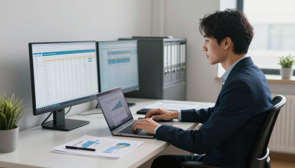 A professional, diverse individual working from home sits at a sleek, modern desk, engrossed in their computer screen displaying accounting software. In the foreground, an open laptop and scattered documents with graphs symbolize data security, while a closed filing cabinet in the background suggests organization and confidentiality. Soft, diffused lighting creates a calm atmosphere, enhancing the sense of focus and security in the workspace. The angle captures a side view of the person, dressed in professional business attire, exuding confidence and competence. The room's decor is minimalistic and tidy, reinforcing the idea of a secure and efficient remote bookkeeping environment. Remote bookkeeper working with dual monitors connected to a laptop, reviewing spreadsheets, bookkeeping software, and financial graphs from a home office.
