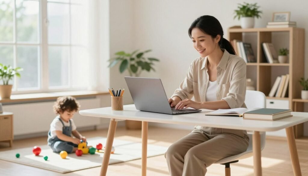 A mom working from home at a modern desk with a laptop while a toddler plays quietly nearby in a bright, cozy room.