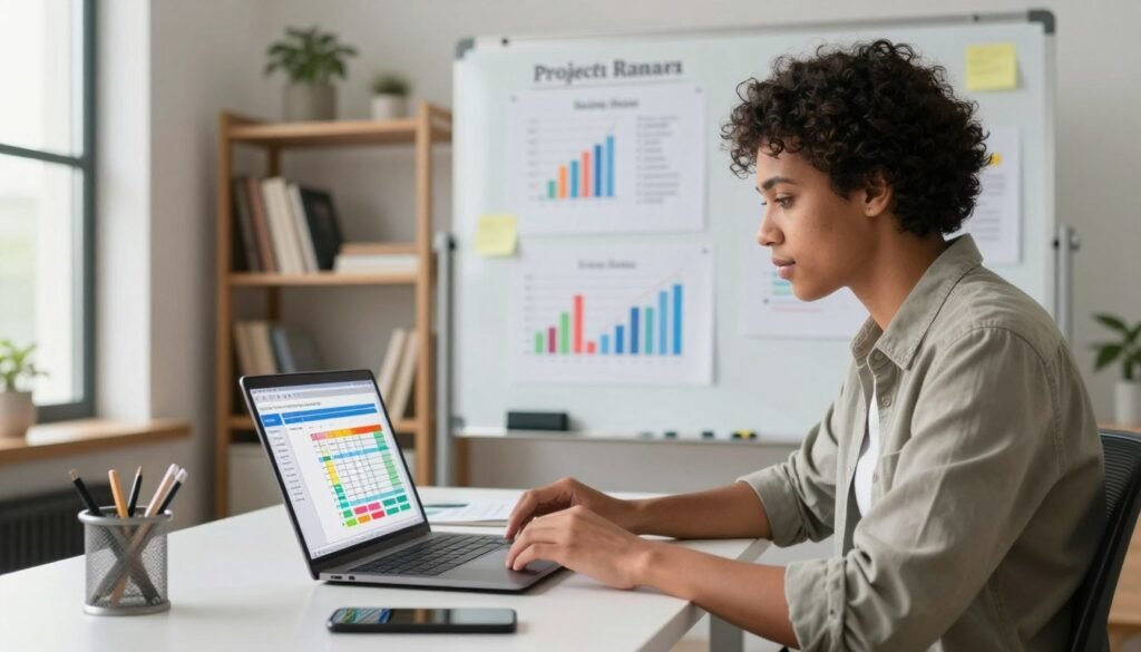 A remote project manager working at a sleek desk in a bright home office, reviewing a project timeline and salary charts on a laptop.