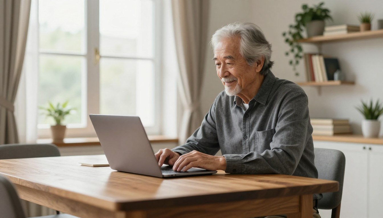 A senior adult, comfortably seated at a wooden dining table, working on a laptop with a focused expression. The person is dressed in smart, casual attire, embodying a sense of professionalism and ease. Natural light floods the room through a large window adorned with light, airy curtains, creating a warm and inviting atmosphere. In the background, there are shelves with books and potted plants, adding a touch of life and personality to the space. The angle captures the sincerity in the individual's dedication to remote work, highlighting both flexibility and stability in their professional life. The overall mood is serene and empowering, reflecting a positive work-from-home lifestyle for seniors. Senior adult working on laptop at wooden dining table, natural light through window, books and plants on shelves behind.