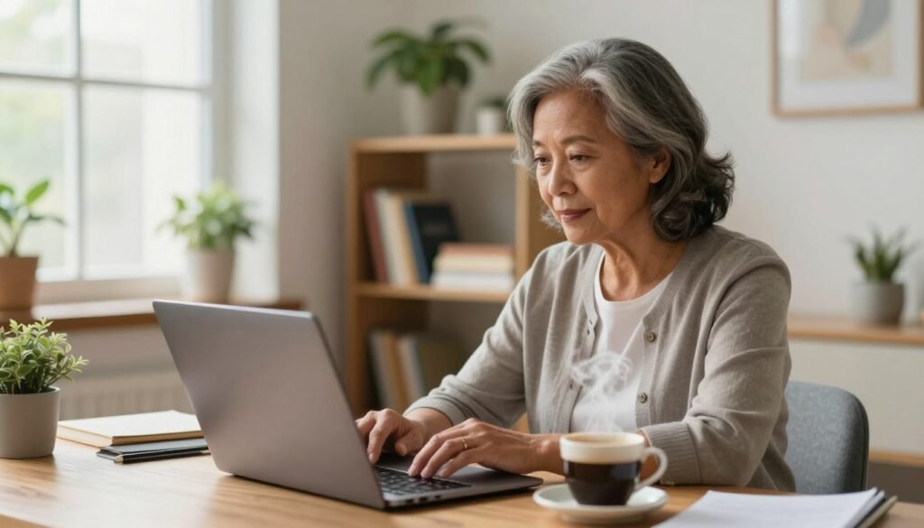 A senior adult woman of diverse ethnicity works from home at a cozy, well-lit desk, focused on her laptop. She is dressed in smart casual attire, conveying a professional yet comfortable vibe. In the foreground, a steaming cup of coffee sits beside her, suggesting a tranquil morning atmosphere. The middle ground features a shelf filled with books and plants, adding warmth to the environment. The background shows a bright window with soft natural light filtering in, illuminating the space. The overall mood is serene and productive, highlighting the possibilities of remote work for seniors. The angle is slightly elevated, capturing both the subject and her inviting workspace, emphasizing the theme of finding legitimate remote jobs and gigs. Senior woman researching legitimate remote jobs on a laptop in a cozy home office