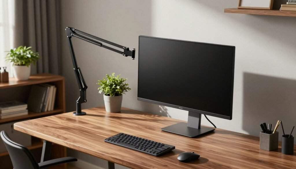 A sleek, modern home office setup showcasing an adjustable monitor arm mounted on a stylish wooden desk. The monitor is positioned for optimal viewing, creating a clutter-free workspace. In the foreground, a minimalistic keyboard and mouse complement the sophisticated setup. The middle ground features an ergonomic chair and decorative potted plants, enhancing the aesthetic appeal. Soft, natural lighting streams through a nearby window, casting gentle shadows across the room and creating a warm, inviting atmosphere. The background shows a glimpse of organized shelves with books and office supplies, emphasizing productivity. Capture this scene from a slightly elevated angle to highlight the monitor’s functionality and the overall clean, professional ambiance. A modern home office with an adjustable monitor arm mounted on a wooden desk, featuring a monitor, minimal keyboard and mouse, an ergonomic chair, potted plants, and soft natural light from a nearby window.