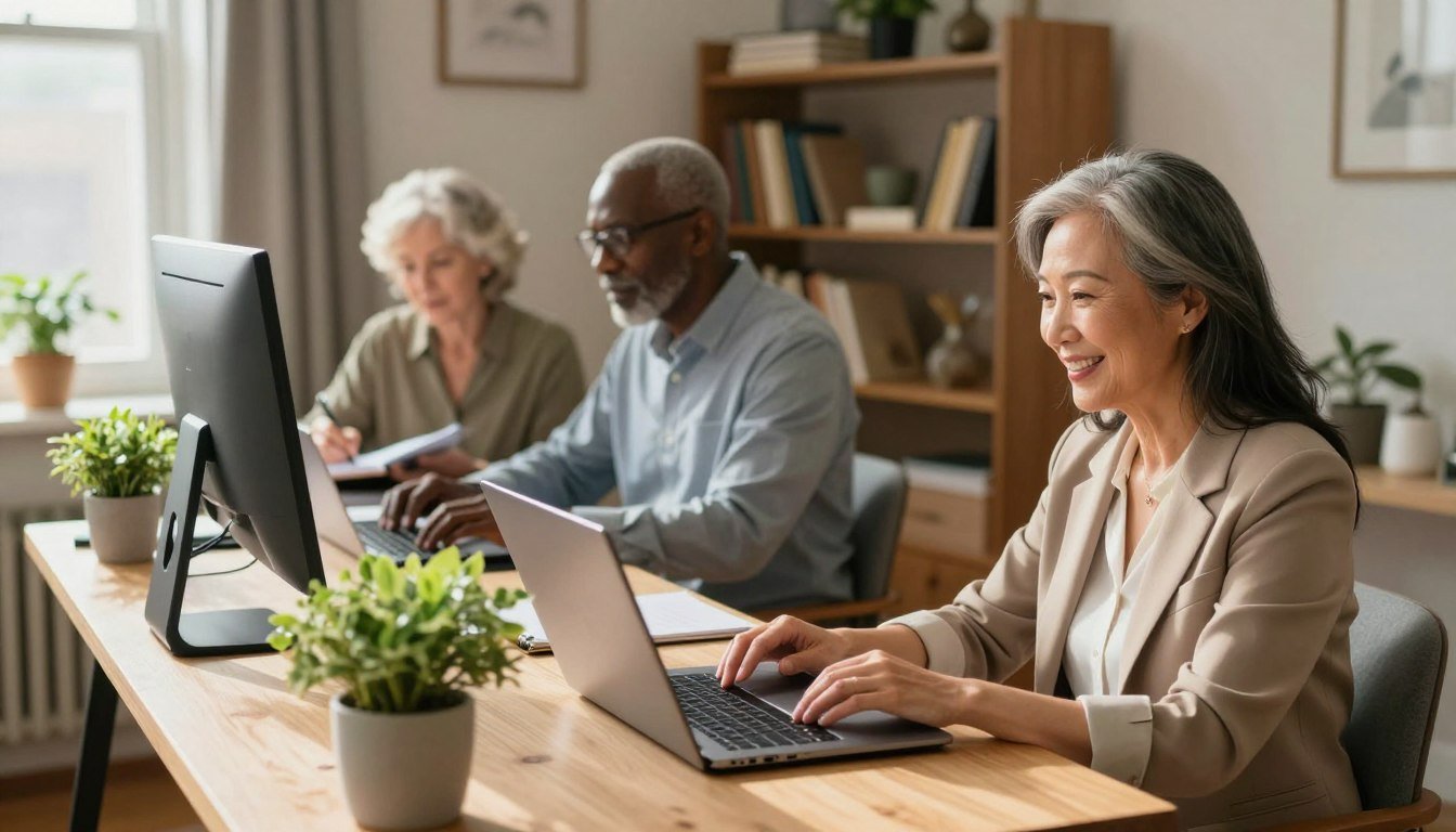 Seniors working on laptops in a bright home office, building remote careers after 60.