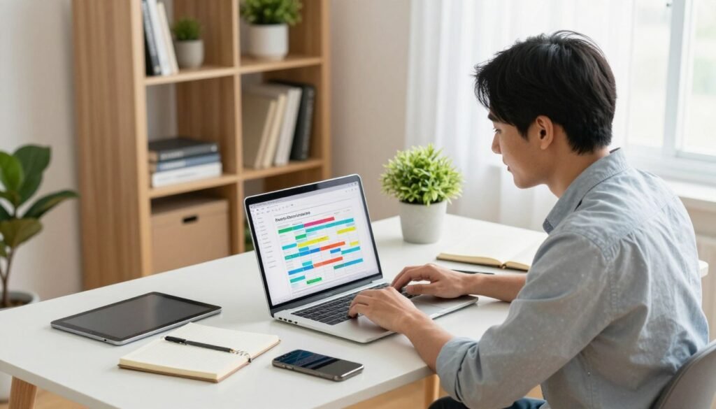 A remote project manager working at a modern desk in a bright home office, reviewing a project timeline on a laptop with planning tools nearby.