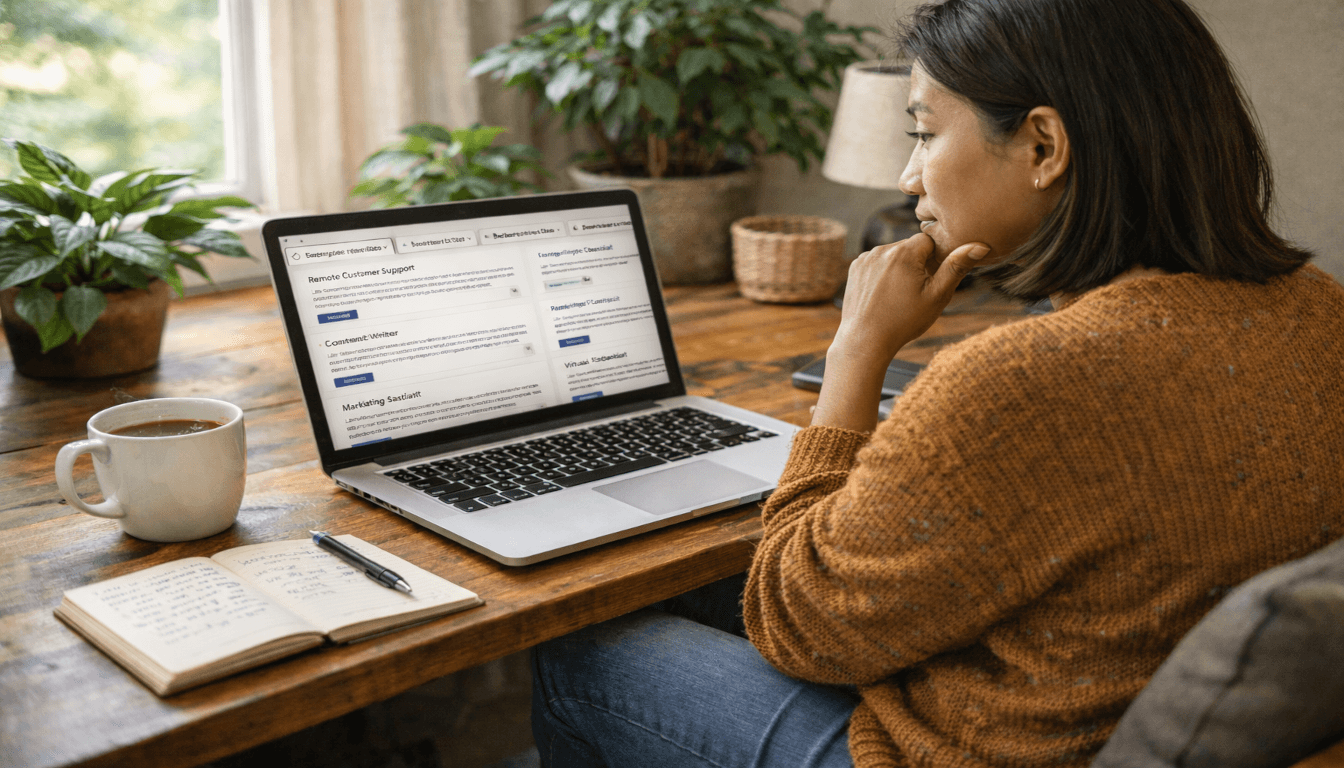 Person at home desk thoughtfully comparing remote job options on laptop, notebook with notes nearby, warm natural light.