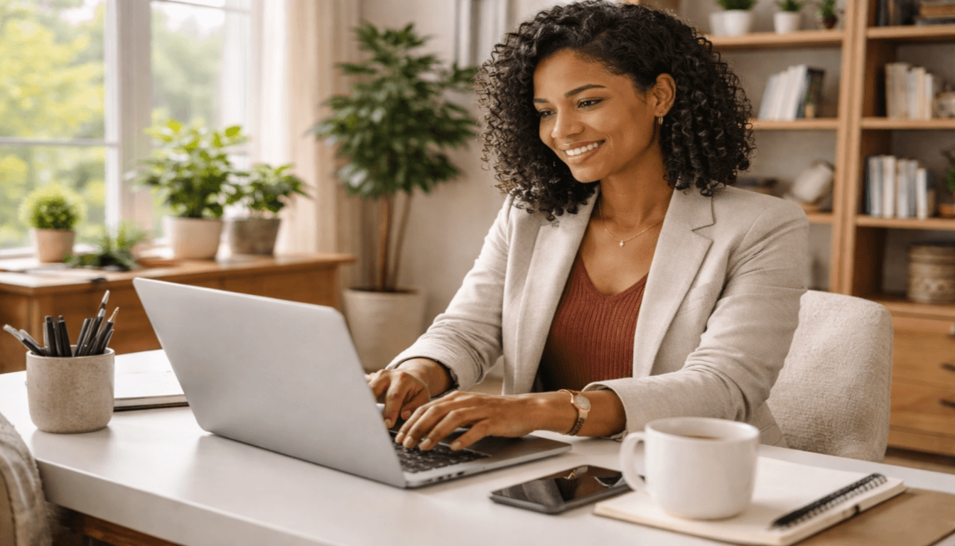 Confident professional in upscale home office smiling at laptop, modern desk with plants and bookshelves, natural light.