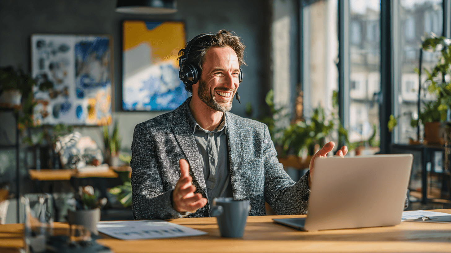 Confident salesman on video call in modern home office, wearing headset and blazer, with laptop and sales charts on screen.