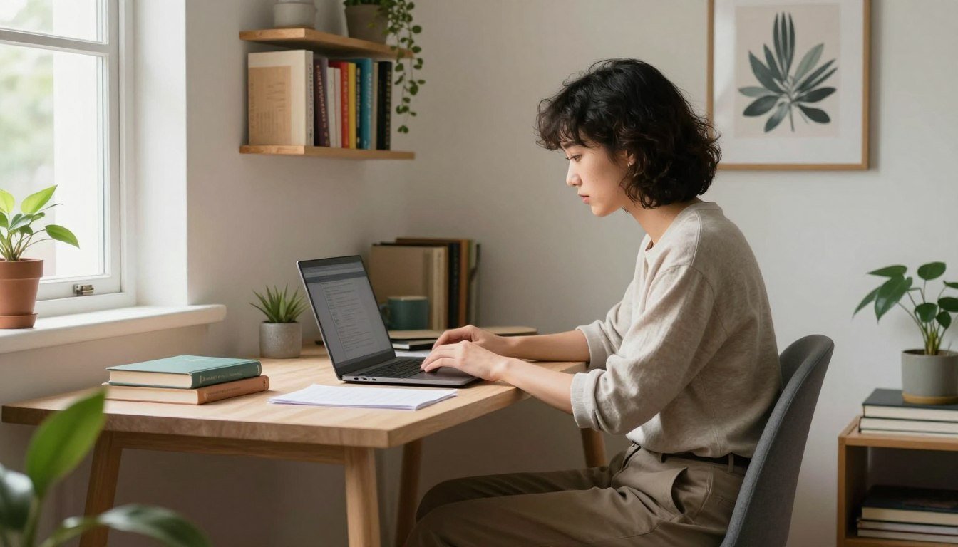 Young student focused on laptop at sunny window table, books on desk and small shelf on wall.