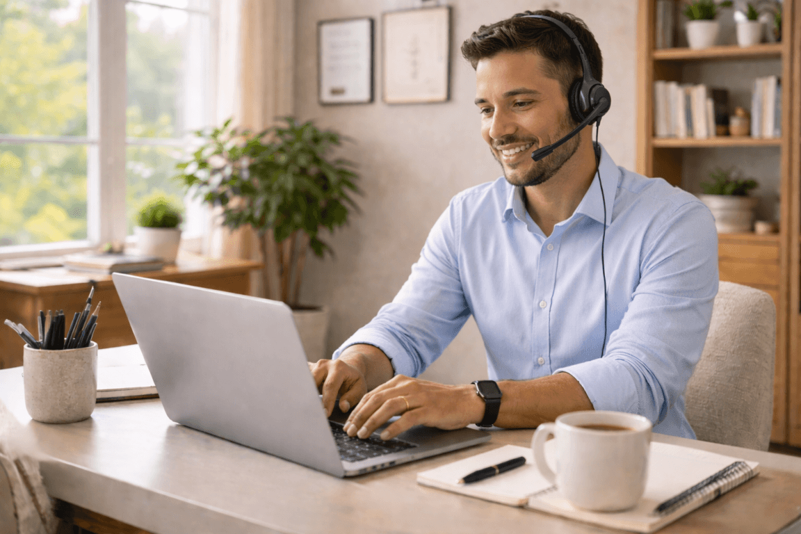 Male remote customer service agent working from home with headset at laptop in bright home office.