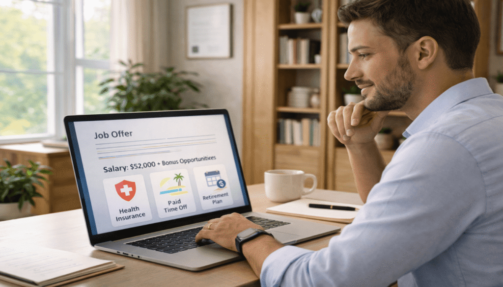 A diverse group of remote customer service agents seated in a bright, comfortable home office setting. In the foreground, a professional Asian woman wearing a headset attentively engages with her computer, taking notes. Beside her, a Black man in smart casual attire reviews customer queries on his laptop. In the middle ground, a cozy bookshelf filled with books and a plant provide a warm, inviting atmosphere. In the background, sunlight filters through a window, casting soft shadows and creating a calm, focused mood. The scene highlights the importance of vigilance and professionalism in remote work, with an emphasis on a clean and organized workspace to imply scam prevention. The lighting is natural and inviting, capturing a productive and alert environment. Male remote customer service agent reviewing salary and benefits on laptop in a bright home office.
