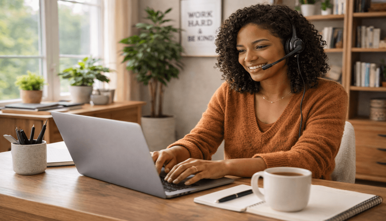 Remote customer service agent working from home with headset and laptop in a cozy, well-lit home office.