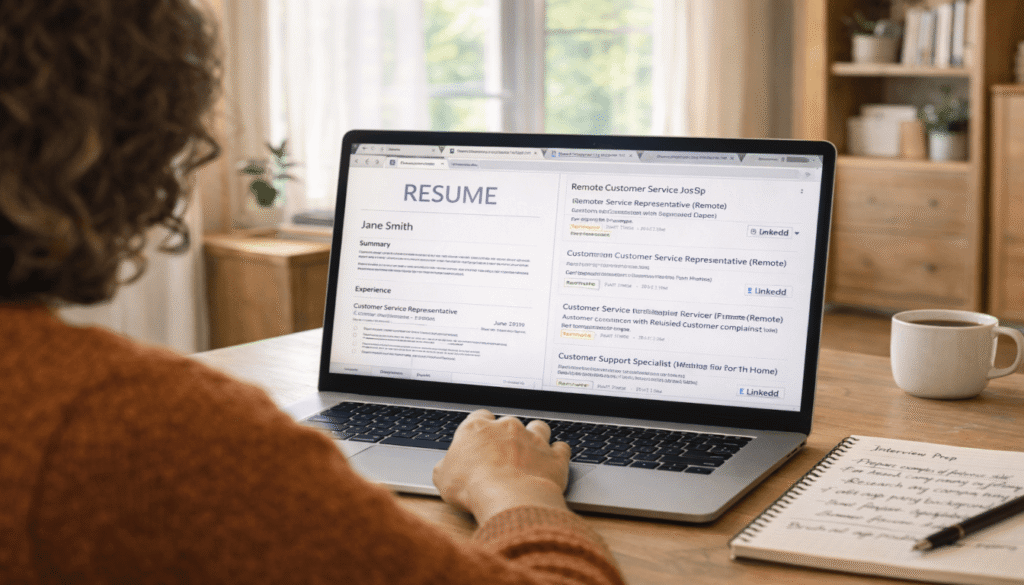 A home office scene showcasing a diverse group of customer service agents engaged in remote work. In the foreground, a focused agent wearing a professional headset communicates via a laptop, with a casual yet polished outfit. In the middle, an organized desk setup displays a notepad filled with bullet points about customer service skills, such as "Effective communication," "Conflict resolution," and "Technical support expertise." The background features warm, natural lighting filtering through a window, along with decorative plants that enhance the inviting workspace atmosphere. The overall mood is energetic and professional, reflecting a modern remote work environment, suitable for a guide on customer service job applications. Job seeker reviewing resume on laptop with remote customer service job listings open, preparing for interviews at home.
