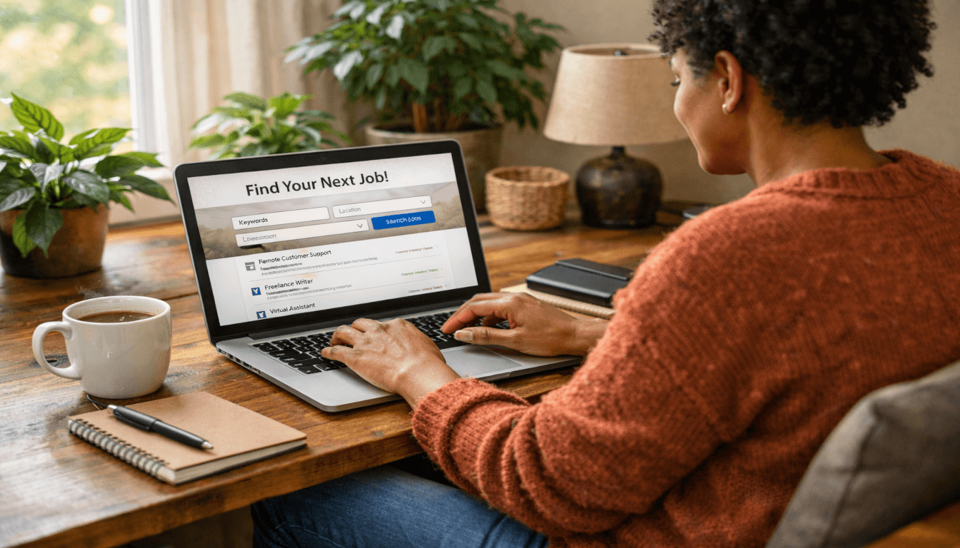 Person working from home in cozy office, laptop open to job search website, coffee mug and notebook on desk, plants by window, natural light.