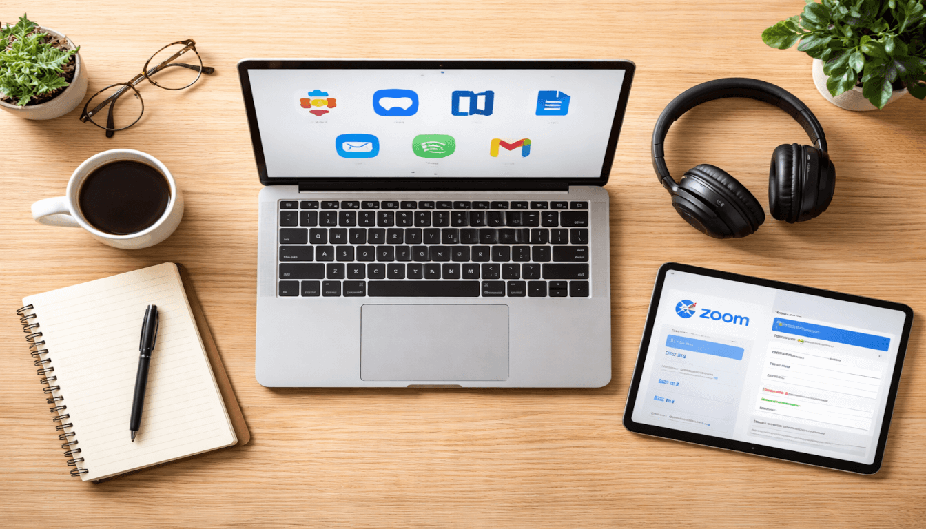 Flat lay of remote work tools on wooden desk: laptop, headset, smartphone, tablet, notebook, pen, coffee mug,. Apps visible on screens. 