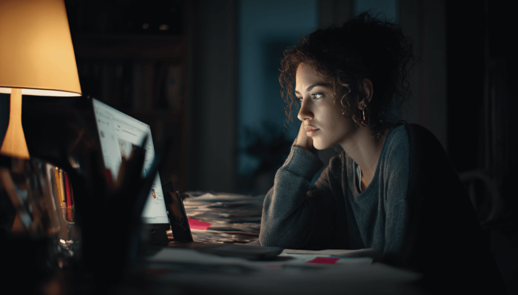 Young woman looking suspiciously at laptop showing scam email with poor grammar, smartphone nearby, dramatic desk lamp lighting. 