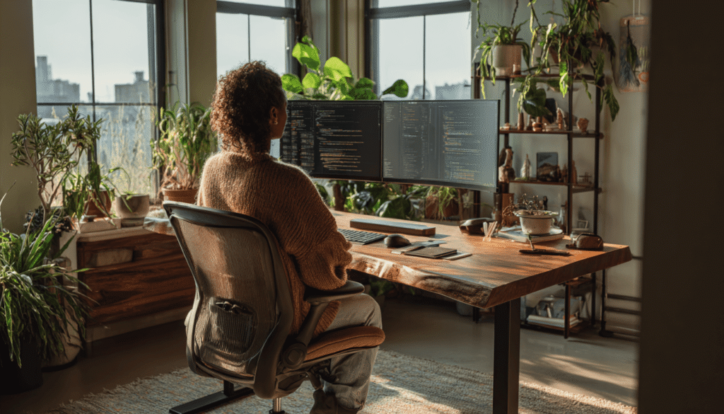 Focused female software engineer working at dual monitors in a modern, upscale home office with natural light.