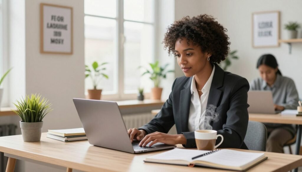 A bright and inviting home office scene featuring a diverse individual focused on their laptop, embodying the essence of remote work. The foreground highlights the person, dressed in professional business attire, sitting at a stylish desk cluttered with notebooks, a laptop, and a steaming cup of coffee. In the middle, personal elements like a potted plant and framed motivational quotes decorate the workspace, infusing warmth and creativity. The background reveals a well-lit room with soft natural light streaming through a window, creating a calm and productive atmosphere. The overall composition captures a sense of ambition and dedication to learning new job skills, emphasizing the theme of finding legitimate remote job opportunities. The mood is uplifting and inspiring, encouraging viewers to envision their own journeys in remote work. Two individuals working on laptops in a bright shared home office, with one person focused at a stylish desk in the foreground and another working quietly in the background.