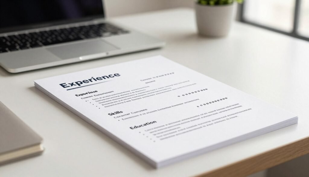 A close-up view of a well-organized, professional resume laid out on a clean, minimalist desk. The resume, featuring crisp typography and bullet points, highlights key sections like "Experience," "Skills," and "Education." In the background, a softly blurred laptop can be seen, suggesting a remote work environment, with a modern office plant adding a touch of greenery. The lighting is warm and inviting, coming from a nearby window, creating a relaxed but professional atmosphere. The overall tone is one of preparation and focus, emphasizing the importance of a polished resume in automated screening processes. No people are present, ensuring clarity and focus on the resume itself.