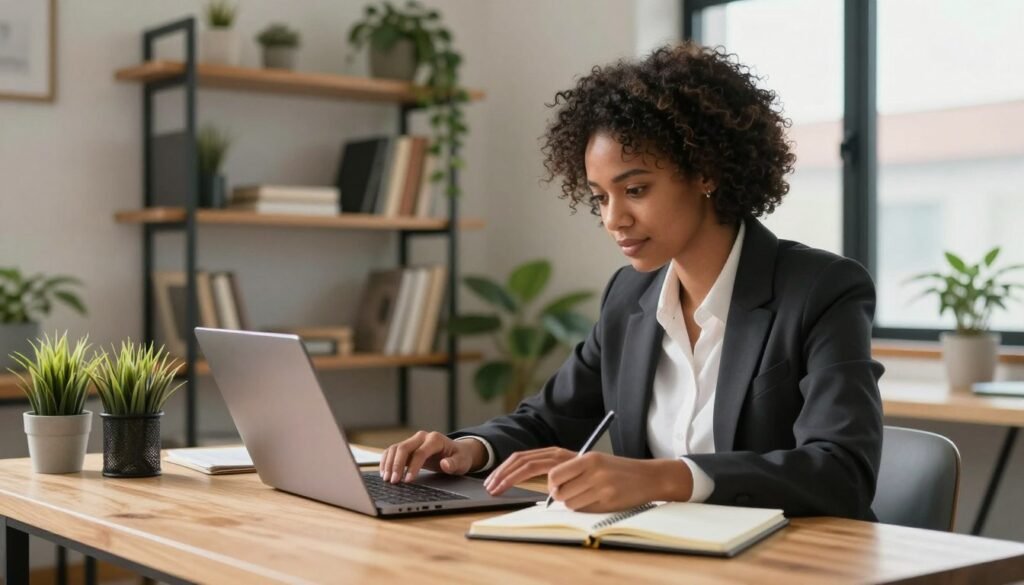 A cozy and well-organized home office featuring a diverse individual working intently on a laptop at a wooden desk. The background showcases shelves filled with books and plant decor, while soft afternoon light streams through a window, creating a warm ambiance. The person is dressed in professional business attire, taking notes on a notepad, embodying focus and determination as they learn new job skills. The scene conveys a sense of productivity and opportunity, with a clean layout emphasizing the dual-purpose space of work and personal development. The angle captures the individual from a slight side perspective, allowing the viewer to see both their concentration and the inviting environment around them. A cozy and well-organized home office featuring a diverse individual working intently on a laptop at a wooden desk. The background showcases shelves filled with books and plant decor, while soft afternoon light streams through a window, creating a warm ambiance. The person is dressed in professional business attire, taking notes on a notepad, embodying focus and determination as they learn new job skills. The scene conveys a sense of productivity and opportunity, with a clean layout emphasizing the dual-purpose space of work and personal development. The angle captures the individual from a slight side perspective, allowing the viewer to see both their concentration and the inviting environment around them.