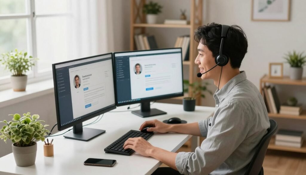 A professional in smart‑casual attire sits at a stylish home office desk, speaking into a headset while using a multi‑screen computer setup for remote customer service. Soft natural light and a neatly organized background create a calm, productive atmosphere.