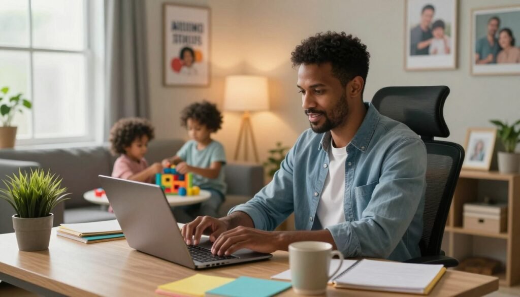 A cozy home office scene featuring a diverse stay-at-home dad of Black, White, Asian, or Mexican descent, dressed in casual yet professional attire, working intently on a laptop. In the foreground, a colorful desk cluttered with notes, a coffee mug, and a potted plant. In the middle, the dad is seated comfortably in a stylish ergonomic chair, with his young child engaging with educational toys nearby, fostering a sense of balance between work and family life. The background shows a softly-lit room with warm ambient lighting, adorned with motivational posters and family photos. A large window lets in natural light, enhancing the inviting atmosphere. Overall, the mood is one of productivity and warmth, showcasing the idea of flexible side hustles at home. A stay‑at‑home dad updating a product listing for an online side hustle on his laptop while his child plays with educational toys in a cozy, well‑lit home office.