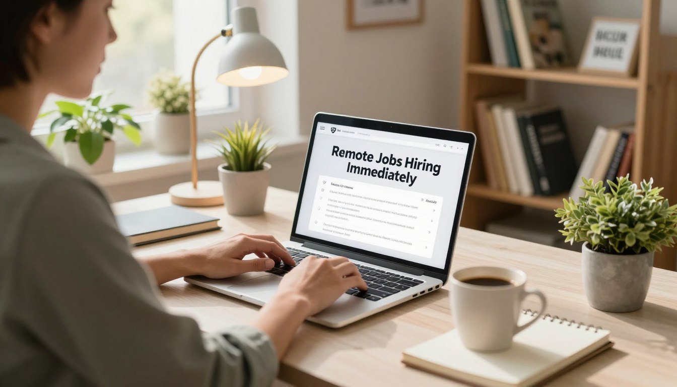 A bright home office with a person working at a desk, where the laptop screen prominently displays “Remote Jobs Hiring Immediately” in bold text.