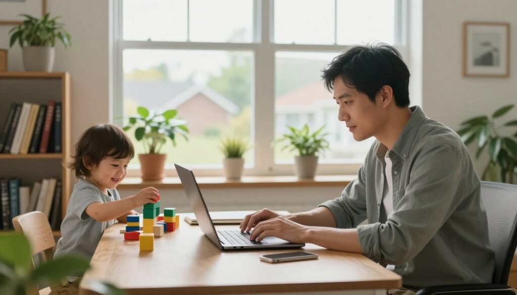 A cozy home office scene showcasing a stay-at-home dad working intently on his laptop at a well-organized desk. In the foreground, the dad, dressed in casual yet professional attire, is focused on the screen, while a cheerful toddler plays with building blocks nearby, adding warmth to the scene. The middle layer features a large window allowing soft, natural light to flood the room, illuminating a few houseplants and a bookshelf filled with books about remote work and parenting. The background hints at a serene suburban neighborhood through the window. The overall atmosphere is productive yet relaxed, inviting viewers into a nurturing work-from-home environment. The image should capture a sense of dedication and balance, emphasizing the remote work lifestyle. A stay‑at‑home dad reviewing project deadlines on his laptop while his toddler plays with building blocks in a bright, cozy home office.